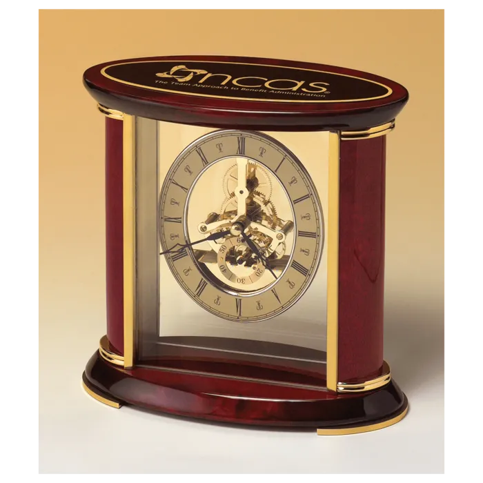 7" x 9" Skeleton Clock w/Sub-Second Dial, Brass Finish Movement, Rosewood Piano Accents, Plate