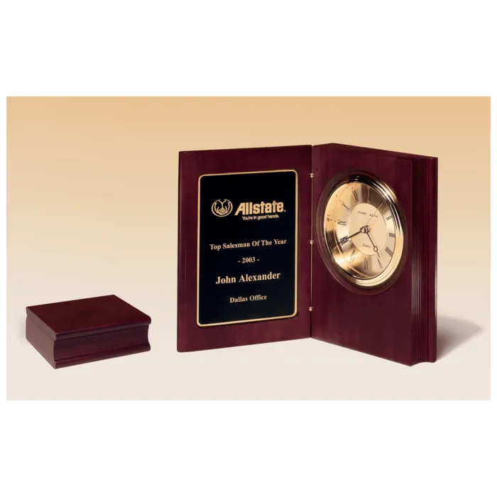 9" x 6 3/4" Hand Rubbed Mahogany Finish Book Clock, Diamond Spun Dial, 3 Hand Movement, Black Laserable Plate