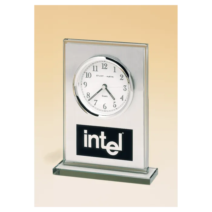 7 1/4" x 4 7/8" Glass Clock, Brushed Aluminum Panel, White Dial and Black Aluminum Plate