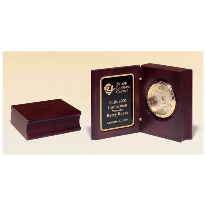 5 3/8" x 4 1/4" Hand Rubbed Mahogany Finish Book Clock w/Gold Spun Dial, 3 Hand Movement, Plate
