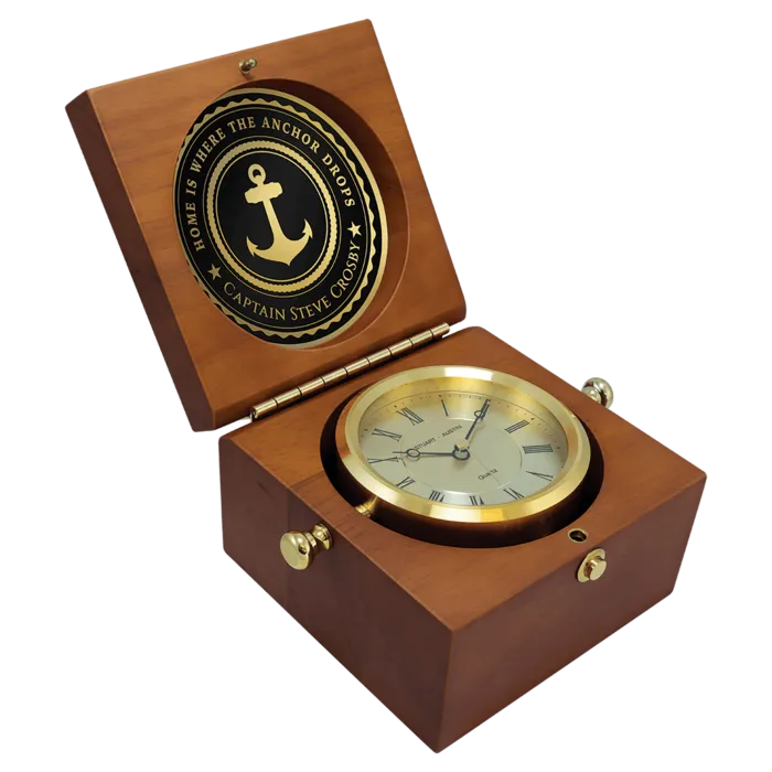 5 1/2" x 5 1/2" Mahogany Finish Captain's Clock, Brass Clock Housing, 4 1/4" Diameter Brass Disc/Plate