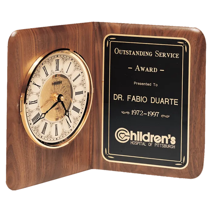 12 1/2" x 9 1/2" Walnut Quartz Book Clock, Brass Diamond Spun Bezel, Glass Lens, Ivory Dial