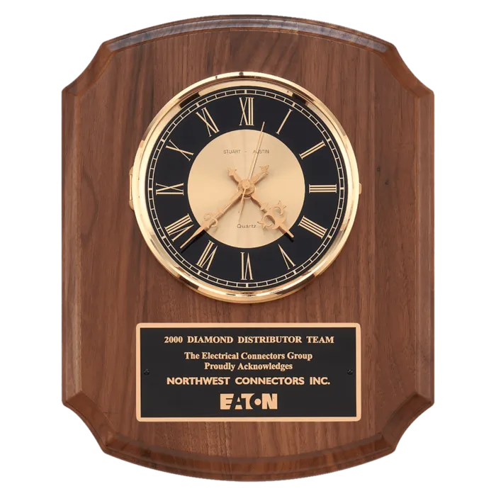 10 1/2" x 13" Walnut Quartz Clock, Brass Diamond Spun Bezel, Glass Lens, Black & Gold Dial
