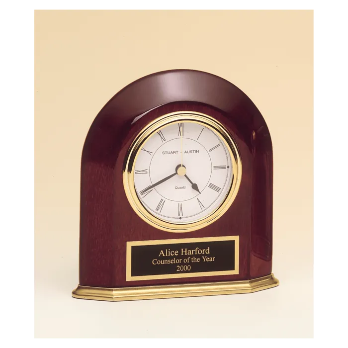 5 5/8" x 5 7/8" Rosewood Piano Finish Arched Table Clock with Solid Brass Base with Black Plate