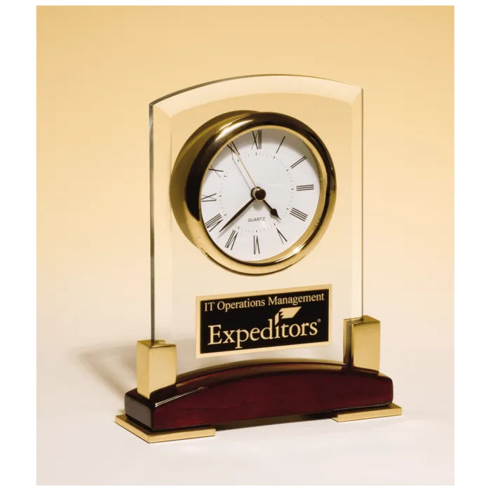 6 x 7 3/4" Beveled Glass Desk Clock, Rosewood Piano Finish Base, Gold MetalAccent with Black Plate