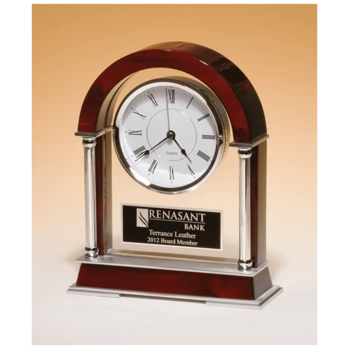 8 1/2" x 10 1/2" Rosewood Piano Finish Mantle Clock, Chrome Plated Posts, Silver Accents with Black Plate