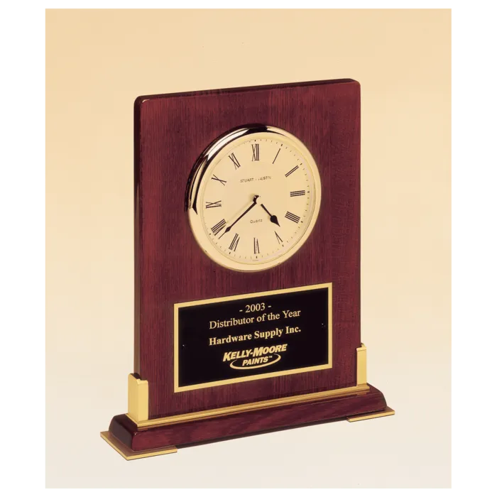 8 3/8" x 10" Desktop Clock, Rosewood Piano Finish Wood with Gold Metal Accents with Black Plate