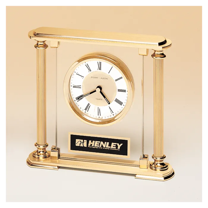 6 5/8" x 7 1/4" Glass Upright with Feet & Top, Metal Goldtone Columns, Diamond Spun Dial, 3 Hands with Black Plate