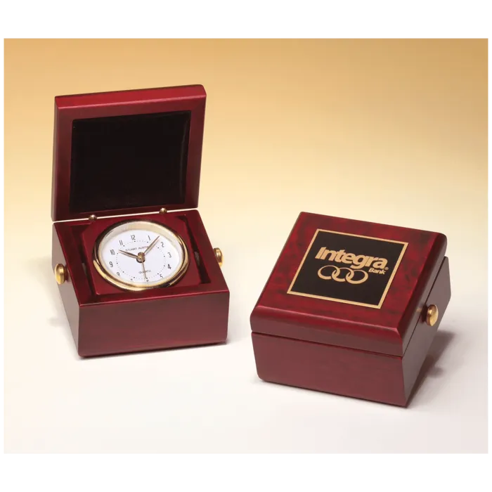 3 1/2" x 3 1/2" Hand Rubbed Mahogany Finish Box Clock, Metal Goldtone Knobs and Velour Lined Lid with Black Plate