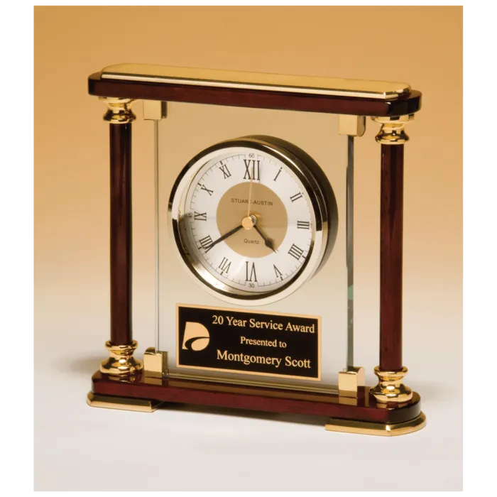 7" x 7" Glass and Rosewood Piano Finish Clock with Gold Metal Accents and Black Plate