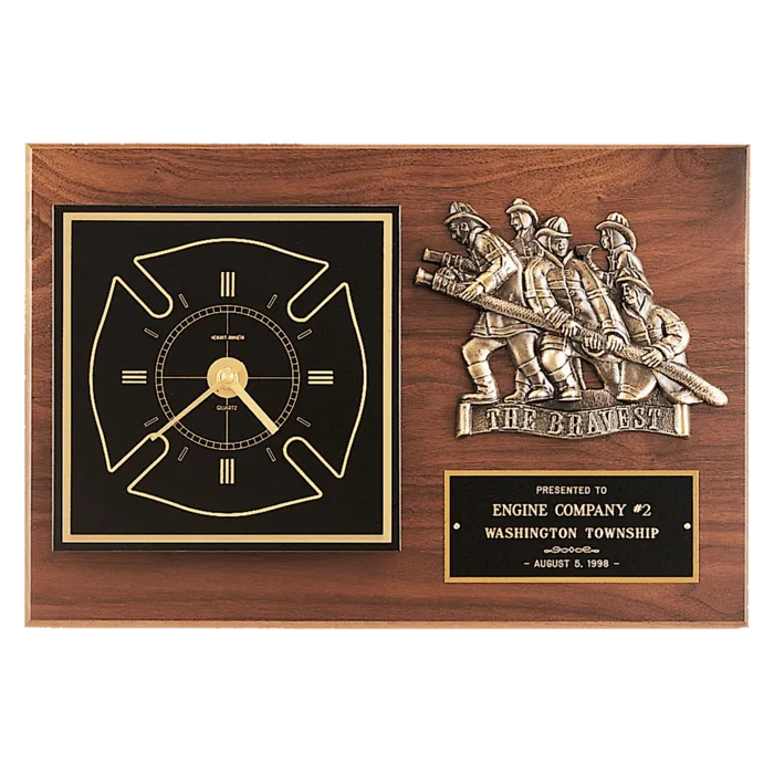 12" x 18" Walnut Plaque w/Gold Maltese Cross Clock/Firefighter Relief/Black and Brass Plate