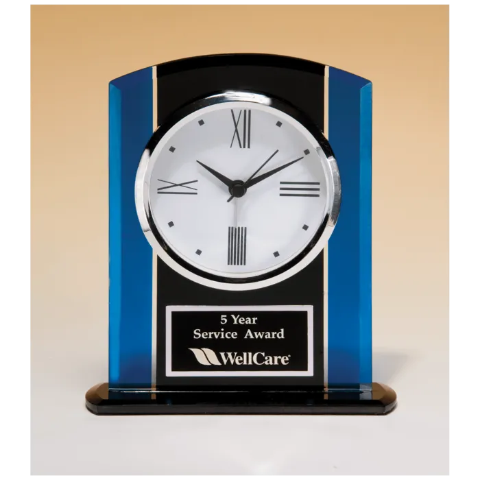 5 1/4" x 6 1/4" Black & Blue Glass Clock, Silver Bezel, Three Hand Movement with Black Plate