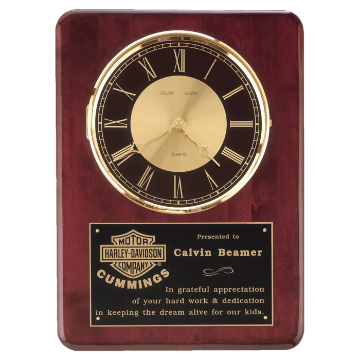 12" x 15" Rosewood Piano Finish Clock, Brass Bezel with Glass Lens, Black/Gold Dial with Black Plate