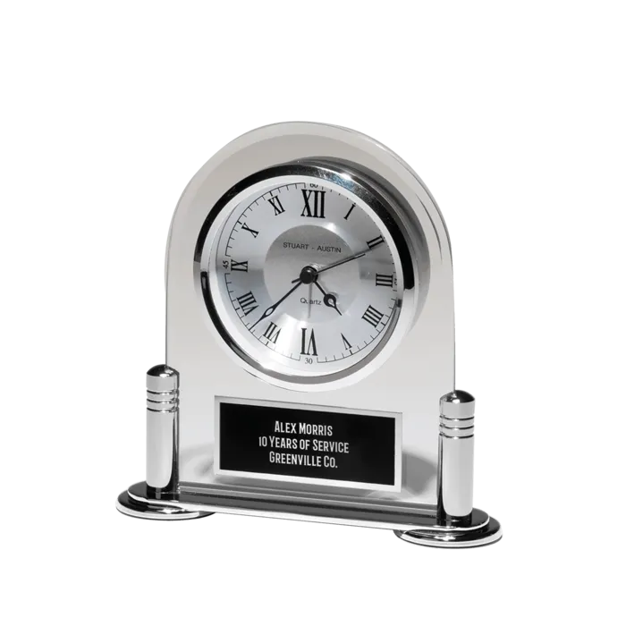 6 1/8" x 6" Desk Clock with Beveled Glass Upright, Silver Metal Base, 3 Hand Movement Black Plate