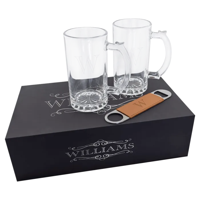 Lazerburst Beer Set with Two 14 oz. Mugs and One Rawhide Laserable Leatherette Bottle Opener