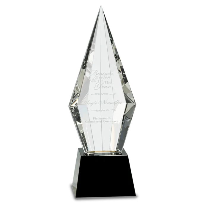 11" Obelisk Facet Crystal on Black Pedestal Base