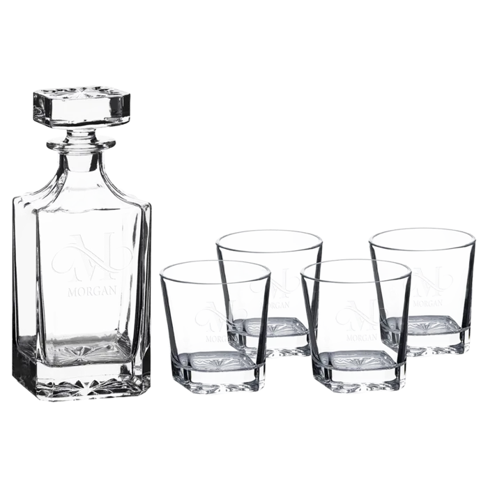 Polar Camel 750mL Square Glass Decanter Set with Four 11 oz. Rocks Glasses in Black Gift Box with Printed Paper Sleeve