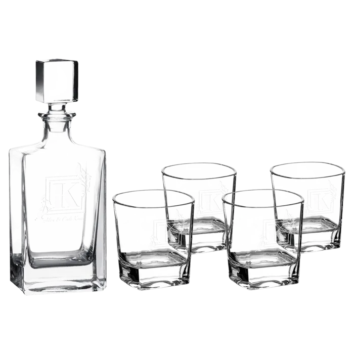 Polar Camel 810mL Rectangle Glass Decanter Set with Four 8 oz. Rocks Glasses in Black Gift Box with Printed Paper Sleeve