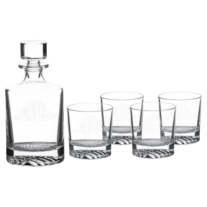 Polar Camel 850mL Round Glass Decanter Set with Four 9 oz. Rocks Glasses in Black Gift Box with Printed Paper Sleeve