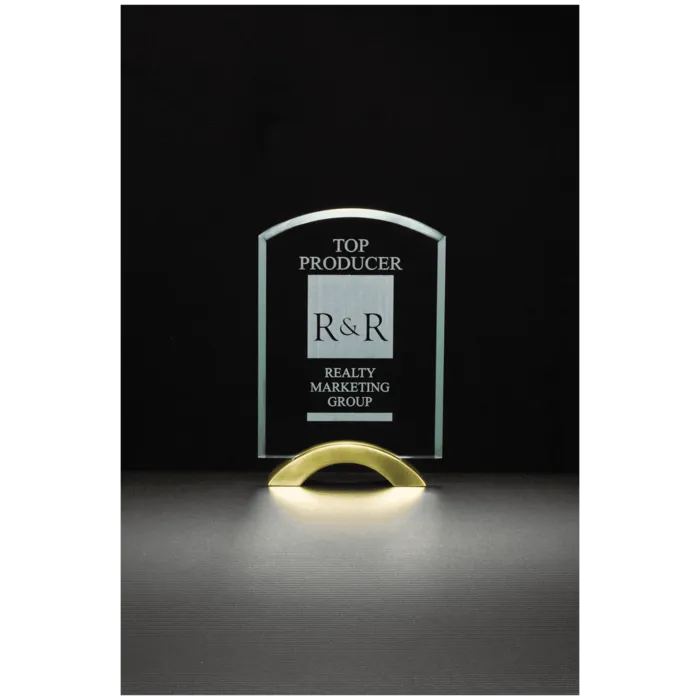 7" x 9 3/4" Arch Series Glass Award with Gold Metal Base