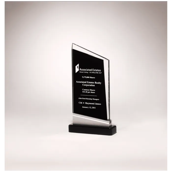 4 3/4" x 7 7/8" Zenith Series Glass Award, Black Piano Finish Base with Silver Aluminum Accent