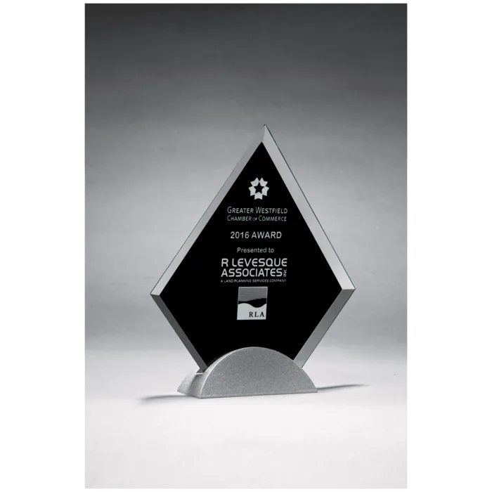 8" x 9" Diamond Shaped Glass Award, Black Silkscreen on Silver Metal Base