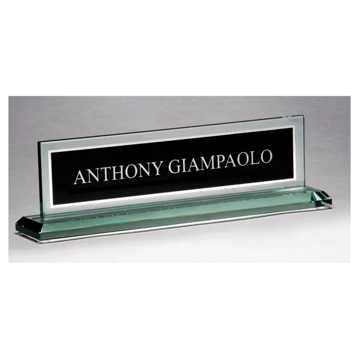 10" x 2 3/4" Glass Name Plate w/Black Silkscreened Engraving Area, Mirror Border