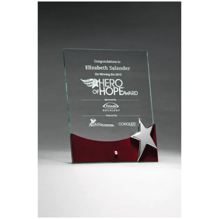 8" x 10" Freestanding Glass Award with High Gloss Rosewood Accent and Silver Star