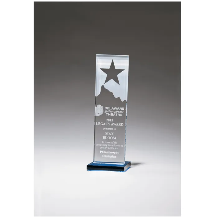 3 1/8" x 9 1/4" Etched Clear Glass Award with Star and Mountain Peak on Blue Glass Base