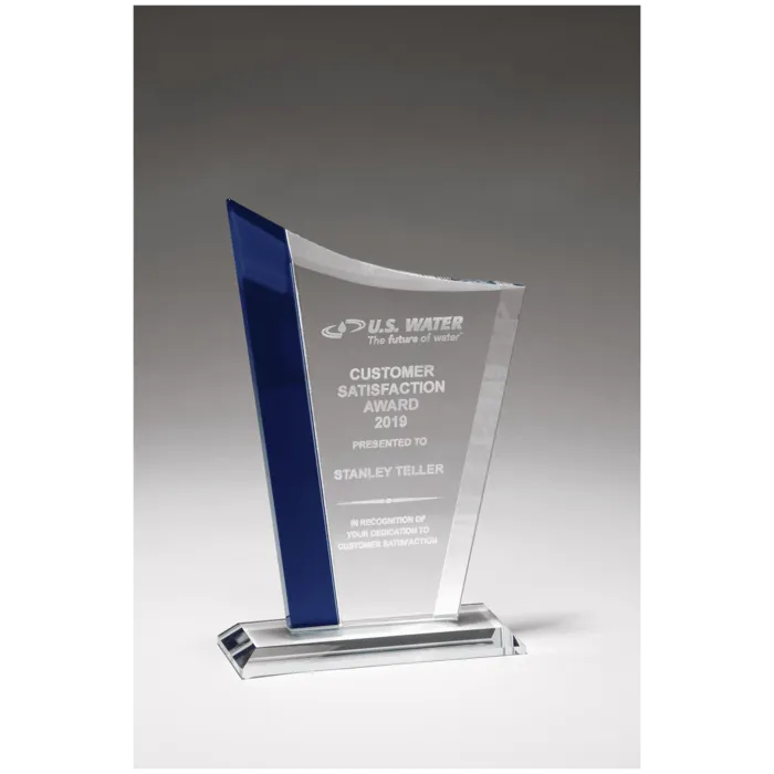 6 1/2" x 9 3/4" Zenith Series Clear Glass Award with Blue Glass Highlights