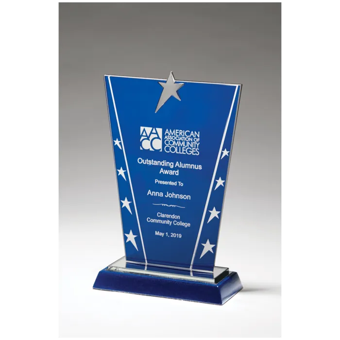 6 3/8" x 10 5/8" Constellation Series Glass Award with Blue Background with Chrome Plated Star