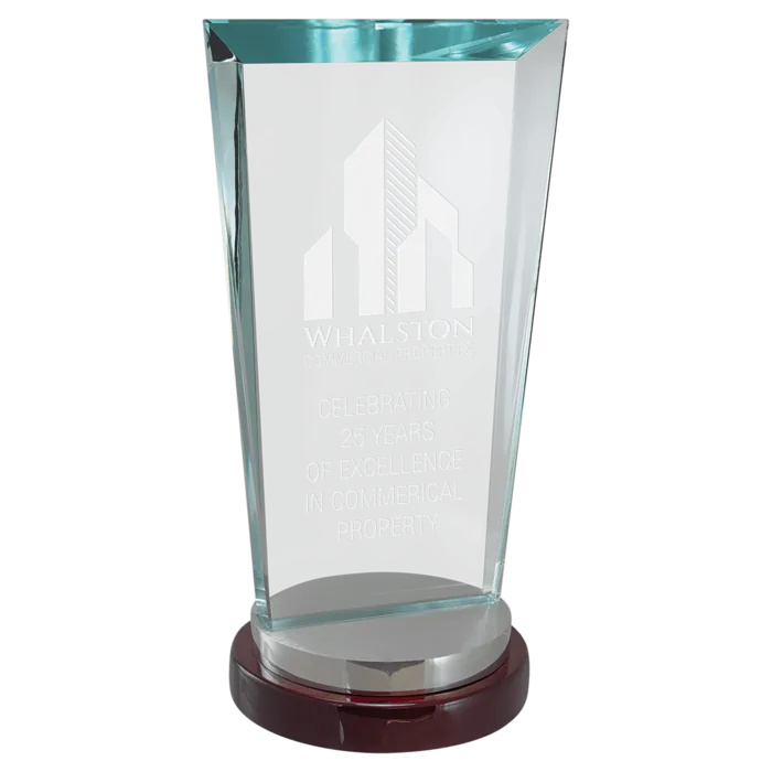 4 1/4" x 8 1/8" Premium Series Clear Glass Award with Rosewood and Alumi num Base