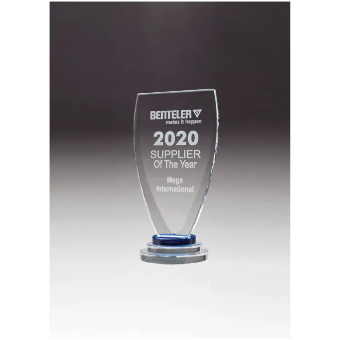 4" x 8 1/4" Chalice Series Sapphire Glass Award with Blue and Clear Glass Pedestal Base