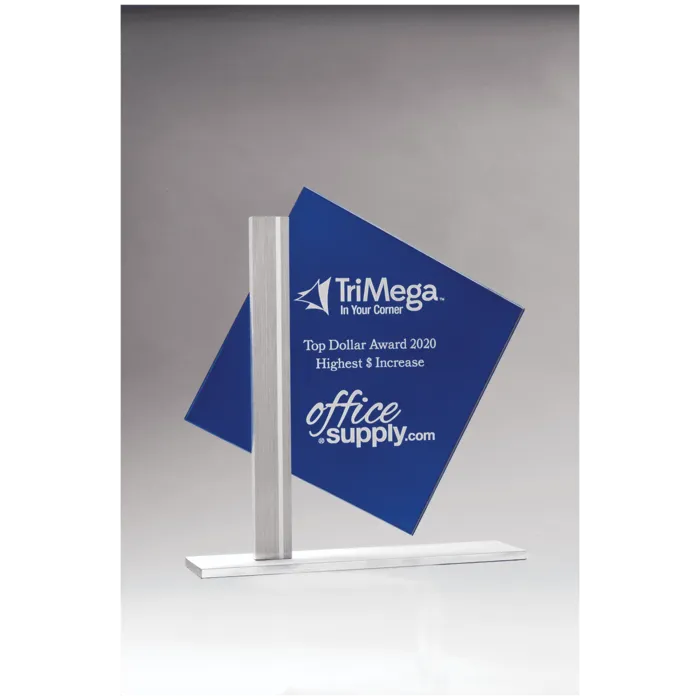 8" x 8 3/8" Diamond Series Blue Silkscreened Glass with Brushed Aluminum Post and Base