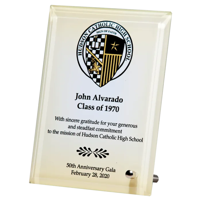 7" x 9" Sublimated Glass Plaque with Silver Post for Portrait or Landscape Presentation
