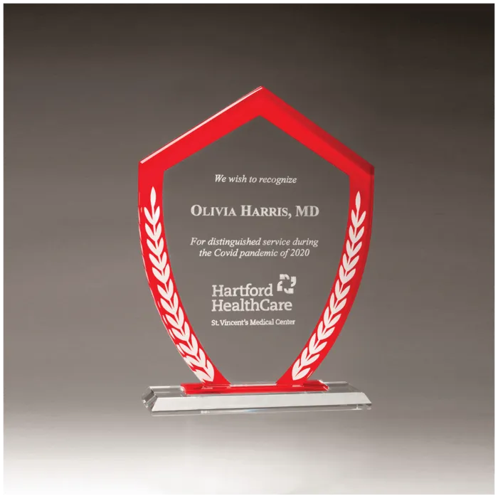 7 1/4" x 9 5/8" Shield Shaped Glass Award with Red Border and White Laurel Leaves