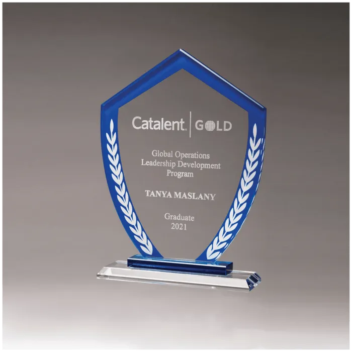 7 1/4" x 9 3/4" Shield Shaped Glass Award with Blue Border and White Laurel Leaves