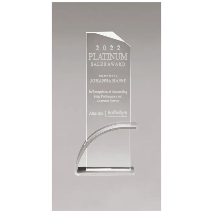 8 7/8" x 9 3/8" x 1/2" Thick Silver Contemporary Clear Glass Award, Arched Base with Matte Metallic Finish