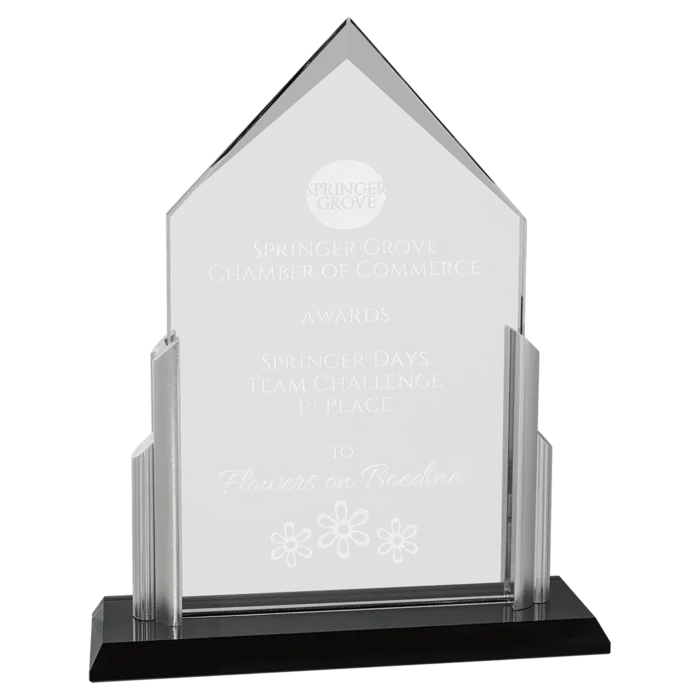7" x 10 1/4" x 3/8" Thick Peak Series Clear Glass Top with Brushed Silver Posts and Black Glass Base