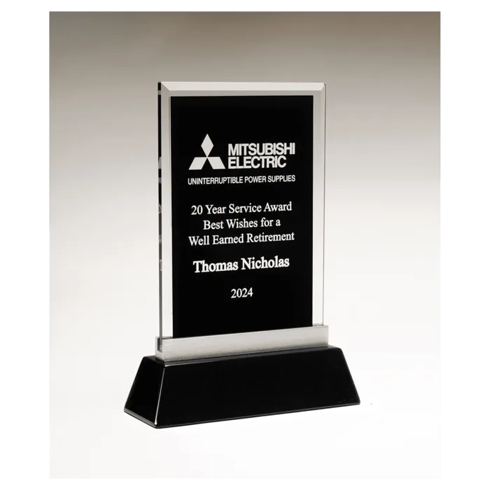 7 1/4" x 9 7/8" Rectangular Black Silkscreened Glass Award with Black Piano Finish Base