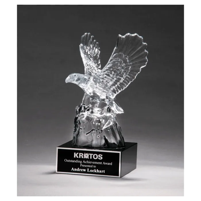 4 1/2" x 9 1/2" Beautiful Carved Crystal Eagle on a Black Crystal Base with Black Laserable Aluminum Plate