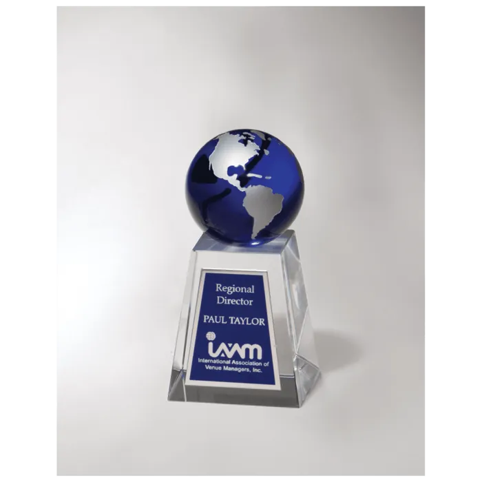 2 5/8" x 5 1/4" Crystal Trophy with Blue Globe and Blue/Silver Plate