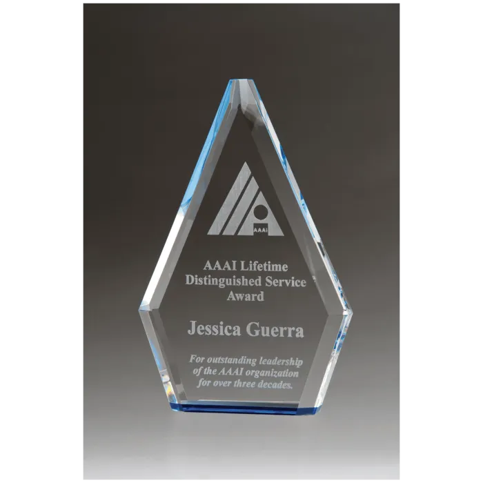6 1/2" x 9 7/8" Flame Series Clear Crystal Award with Blue Accented Bottom