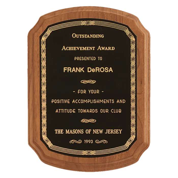 10 1/2" x 13" Coventry Series American Walnut Plaque with Gold Border Laserable Black Brass Plate