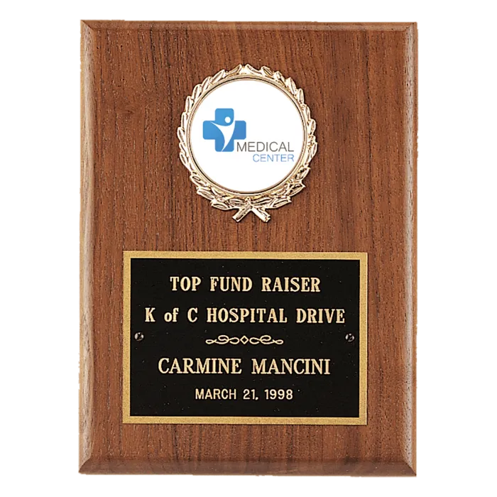4 1/2" x 6" American Walnut Plaque with Gold Border Black Laserable Brass Plate and 2" Insert Holder- Witney Series (2" Inserts Sold Seperately)