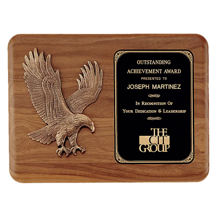 15" x 11" Solid American Walnut Plaque with Sculptured Relief Eagle Casting and Laser Engravable Black Brass Plate