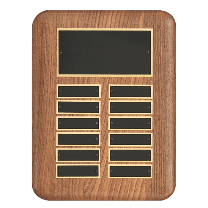 9" x 12" /Plates 7/8" x 2 3/4" American Walnut 12 Plate Perpetual Plaque with Black Brass Header Plate