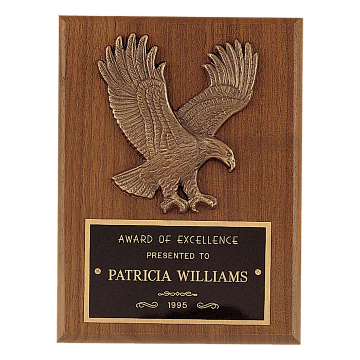 8" x 8" Sculptured Relief Eagle Casting and Laser Engravable Black Plate on an American Walnut Plaque