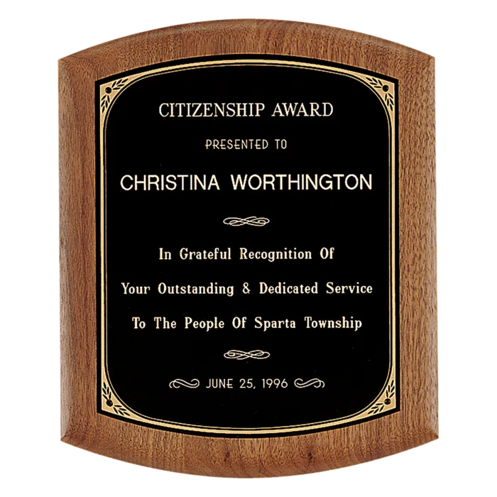 9 1/2" x 11 1/2" Coventry Series American Walnut Plaque with Gold Border Black Laserable Brass Plate