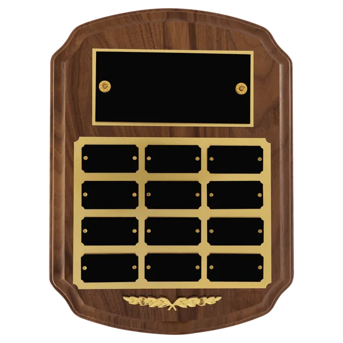 9" x 12"/Plates 1" x 2" American Walnut 12 Plate Perpetual Plaque with Black Brass Plates/Gold Trim